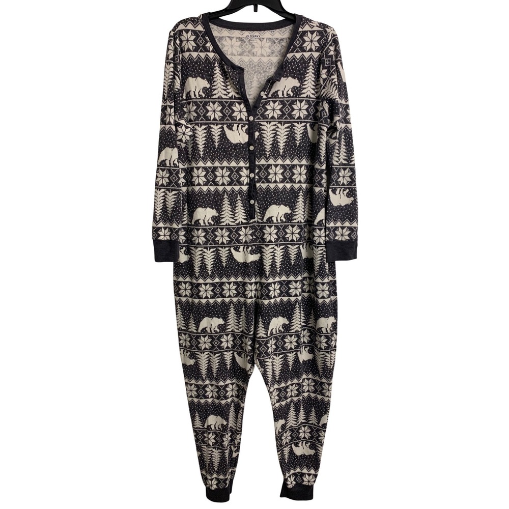 Old‎ Navy XXL Gray White Bear Fair Isle Thermal One Piece Pajamas Union Suit